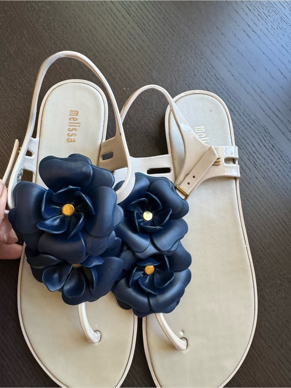 Melissa Women’s Beige Thong Sandals with Navy Floral Detail
